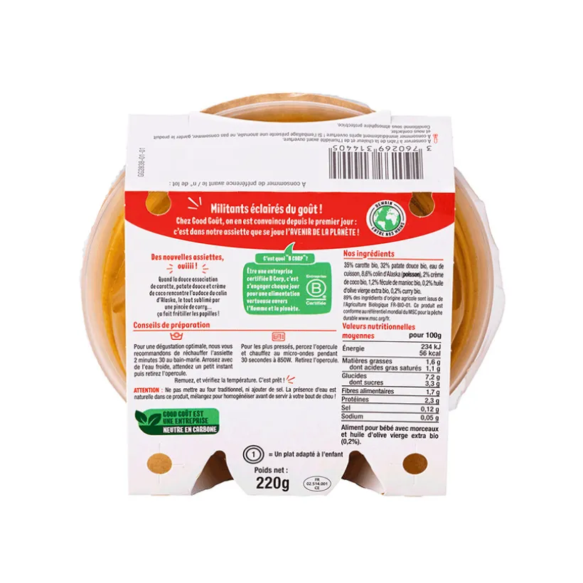 Assiette Fondant de carotte, patate douce, colin d'Alaka 220g