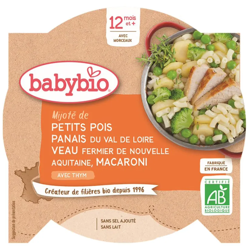 Assiette petits pois, panais avec veau et macaroni au thym