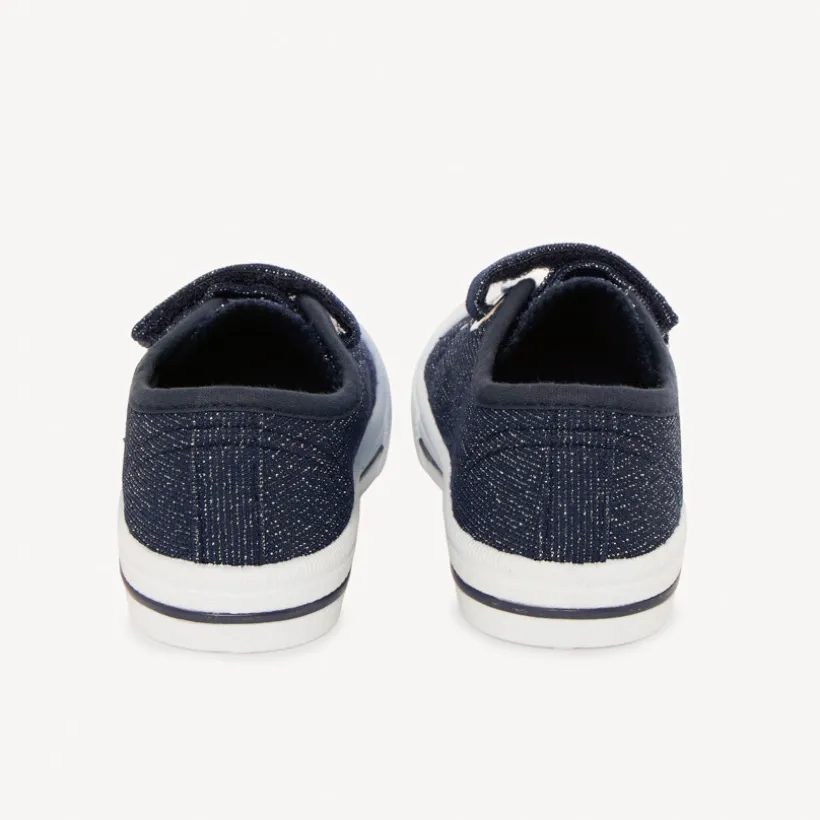 Baskets basses en toile bleu marine scratch et élastiques pour bébé fille