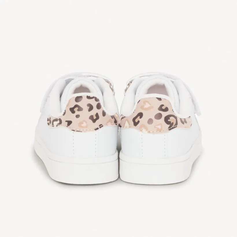 Baskets basses à lacets élastiques + velcros et arrière léopard pour bébé fille