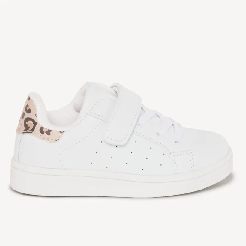 Baskets basses à lacets élastiques + velcros et arrière léopard pour bébé fille