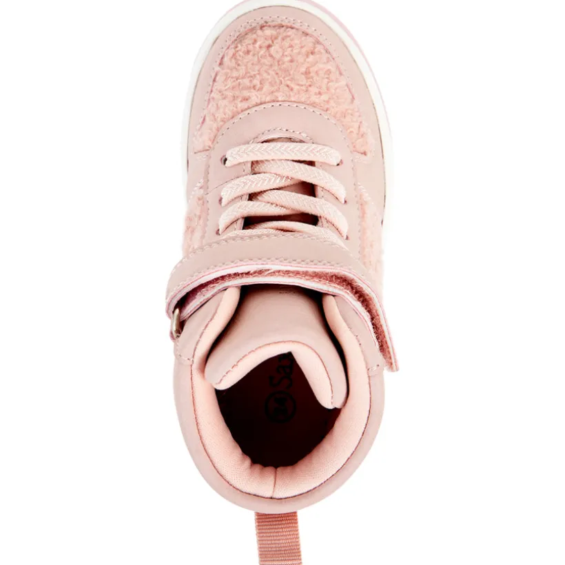 Baskets montantes à moumoutte rose avec lacets et velcros pour fille