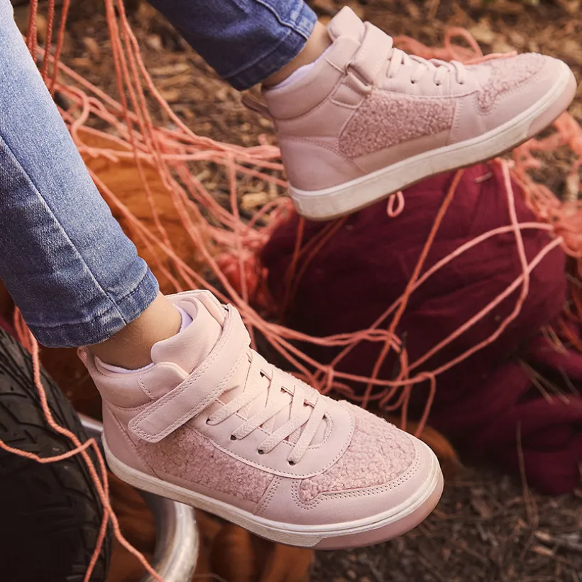 Baskets montantes à moumoutte rose avec lacets et velcros pour fille