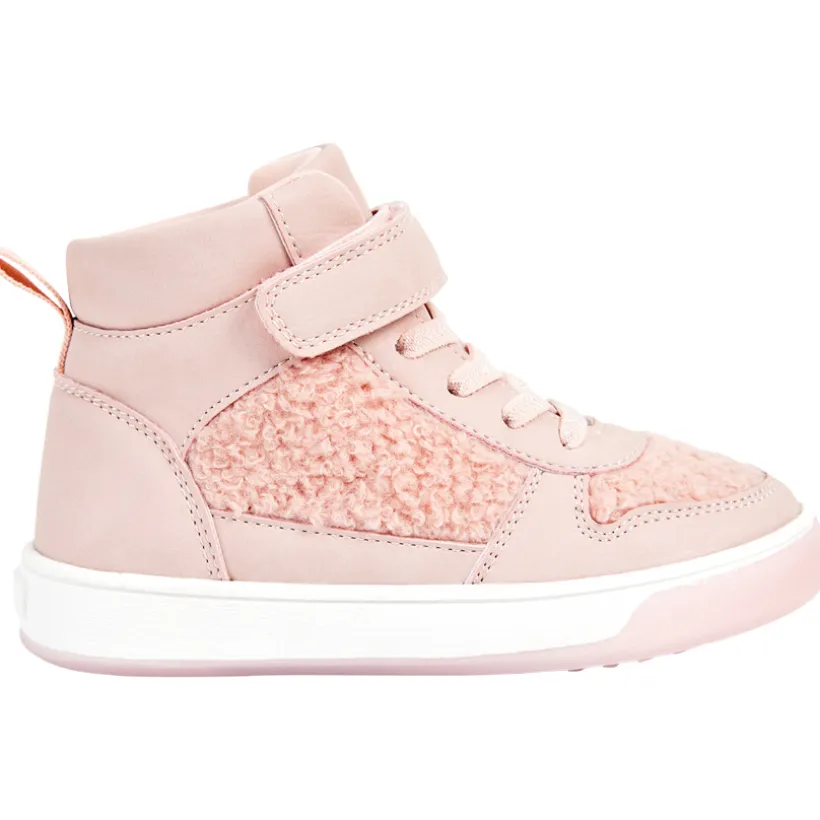 Baskets montantes à moumoutte rose avec lacets et velcros pour fille
