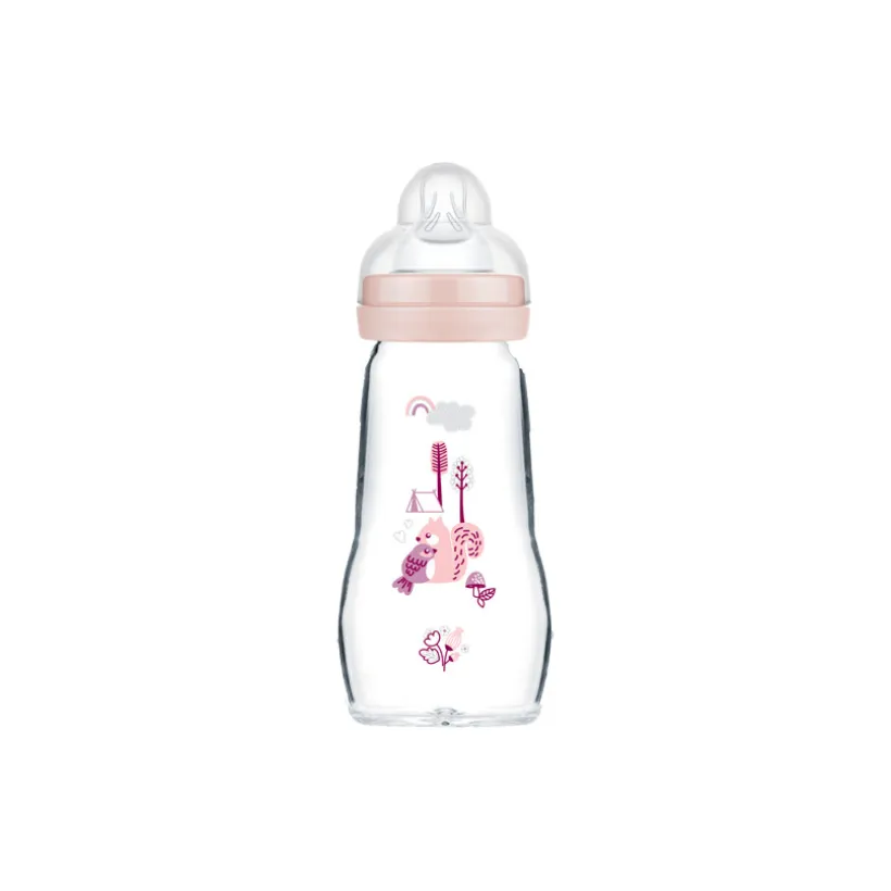 Biberon en verre tétine débit 2 0-6 mois 260 ml – Rose