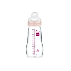 Biberon en verre tétine débit 2 0-6 mois 260 ml – Rose