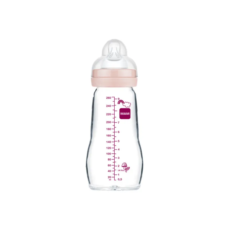 Biberon en verre tétine débit 2 0-6 mois 260 ml – Rose