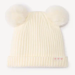 Bonnet en tricot côtelé avec pompons pour bébé fille