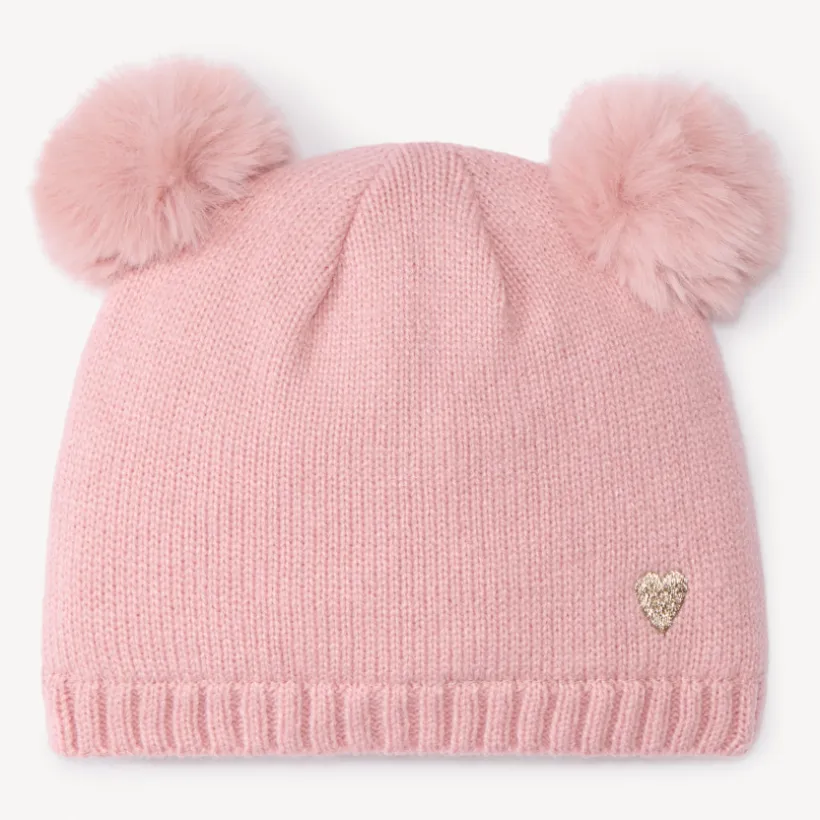Bonnet à pompons fantaisie et cœur brodé pour bébé fille