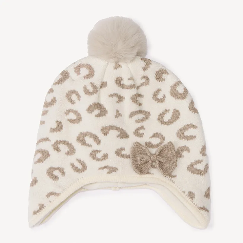 Bonnet péruvien en tricot jacquard léopard pour bébé fille