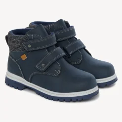 Bottillon bleu marine avec double velcros et col textile pour garçon