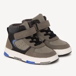 Bottillons taupe à col velours avec lacets et velcros pour bébé garçon