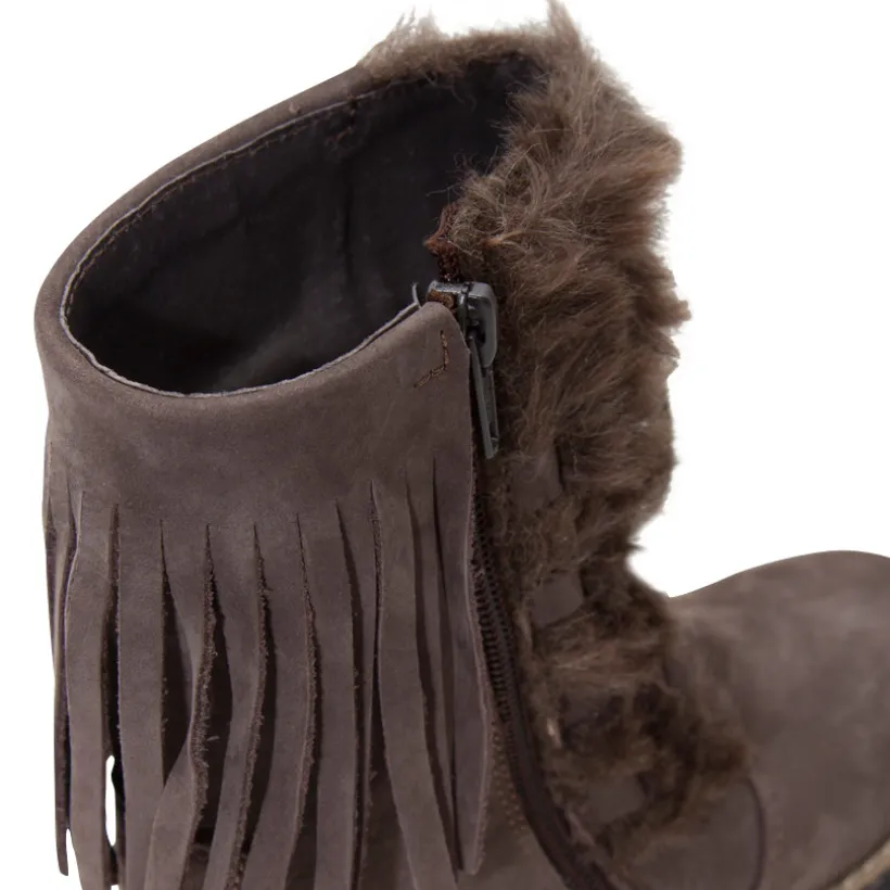 Bottines en cuir à laçage avec fausse fourrure et franges