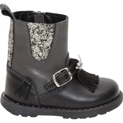Bottines noires en cuir avec boucle et franges et empiècements fantaisie
