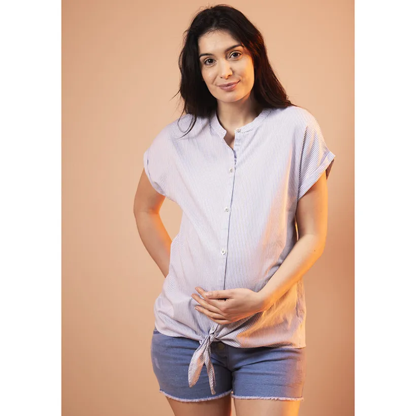 Chemise de grossesse manches courtes à rayures en voile