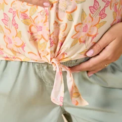 Chemise manches courtes à nouer imprimé floral pour femme