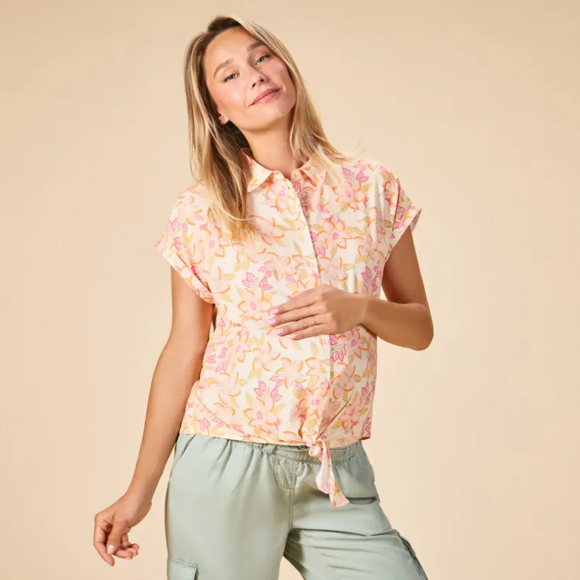 Chemise manches courtes à nouer imprimé floral pour femme