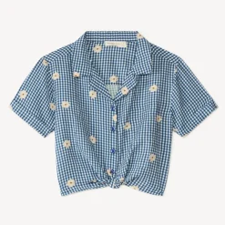 Chemise manches courtes vichy et broderie fleurie fille