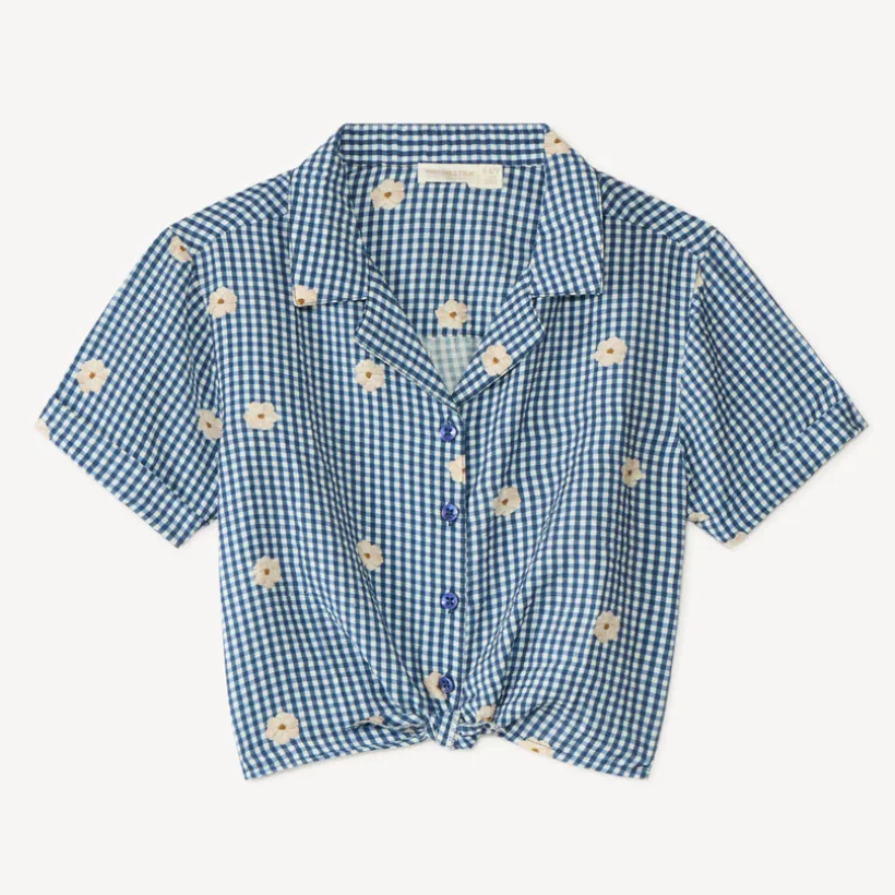 Chemise manches courtes vichy et broderie fleurie fille