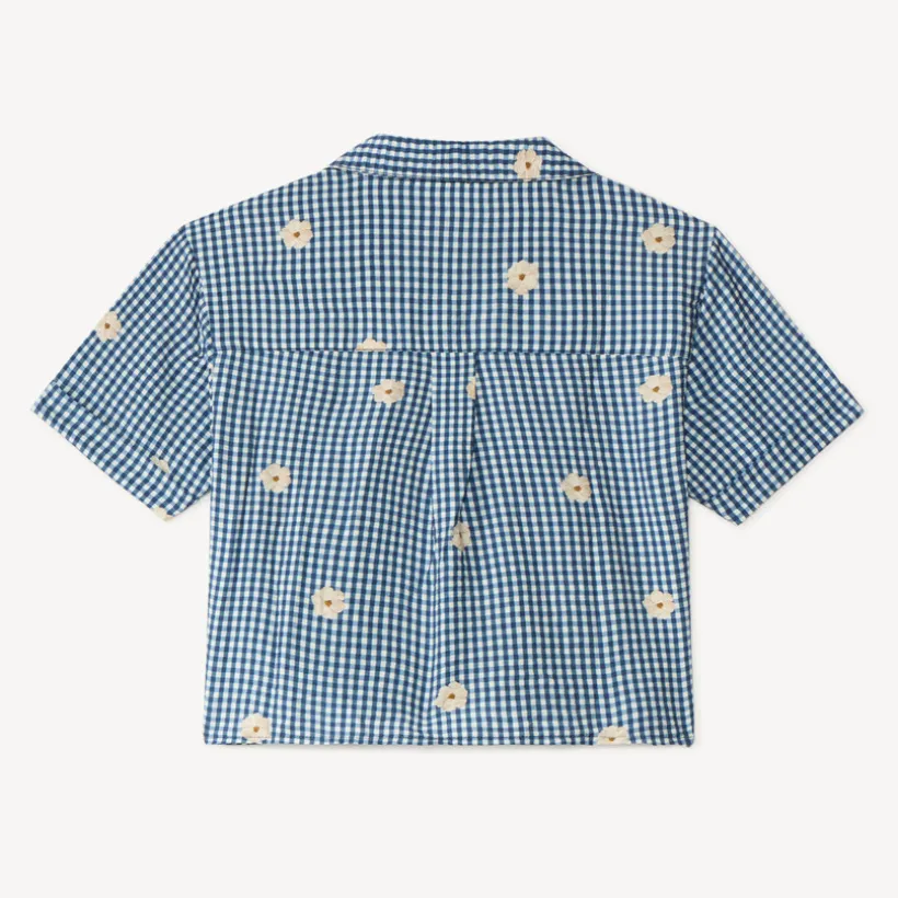 Chemise manches courtes vichy et broderie fleurie fille