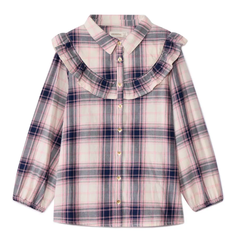 Chemise manches longues en toile à carreaux et volants pour fille