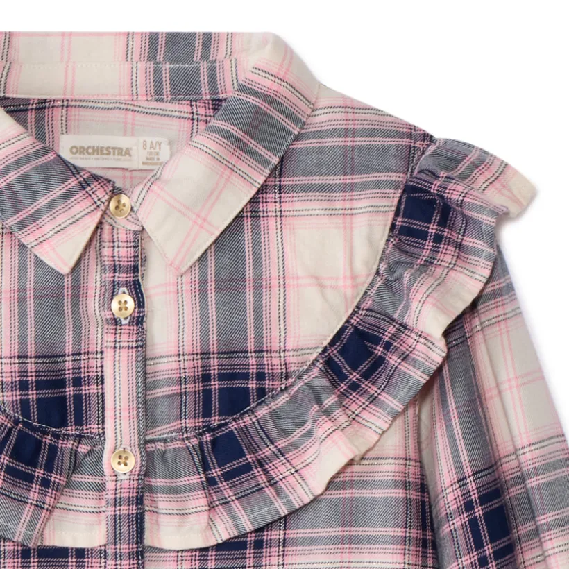 Chemise manches longues en toile à carreaux et volants pour fille