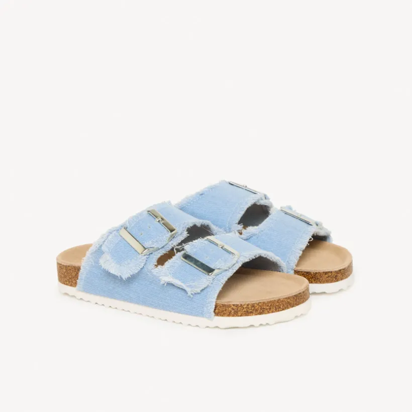 Claquette bleues à double boucles et franges pour fille
