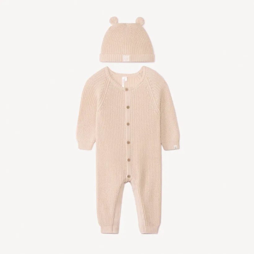 Combinaison + bonnet en tricot perlée uni pour bébé