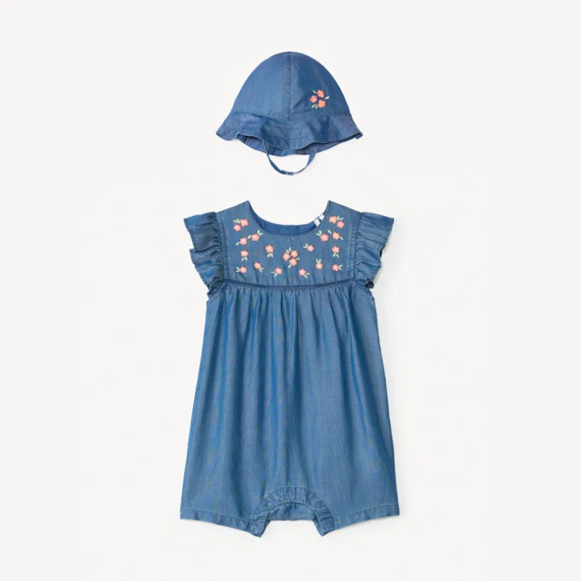 Combinaison courte + charlotte en tencel brodée de fleurs pour bébé fille