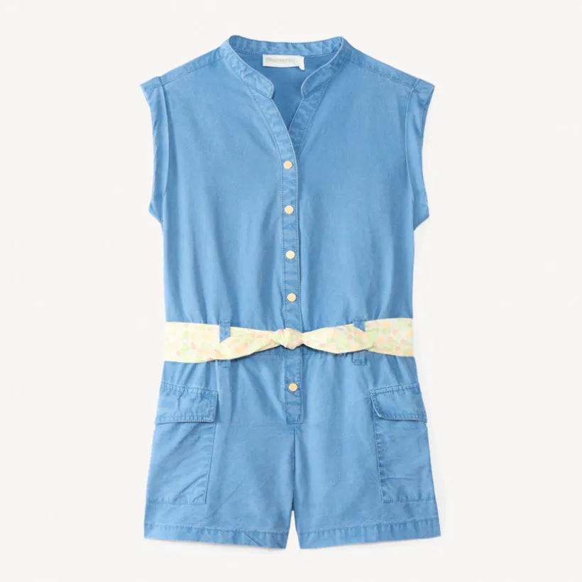 Combishort sans manches avec ceinture imprimée fleurie pour fille