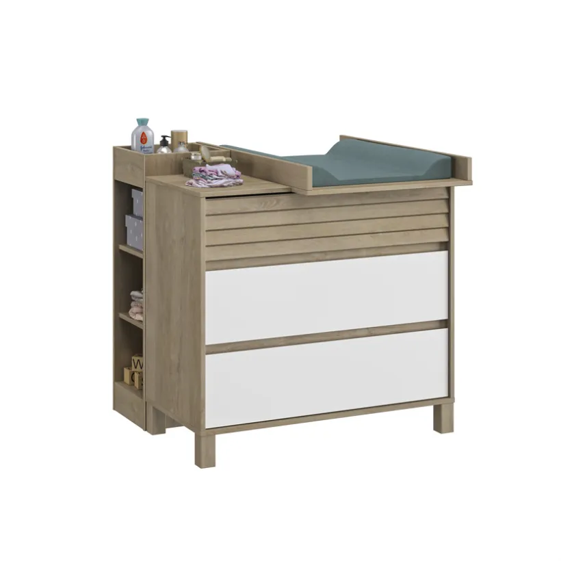 Commode 3 tiroirs en chêne blond et blanc Achille