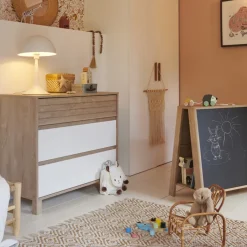 Commode 3 tiroirs en chêne blond et blanc Achille