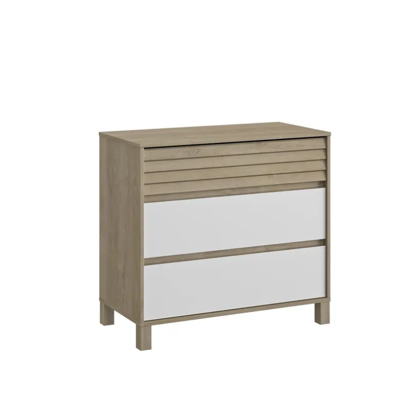 Commode 3 tiroirs en chêne blond et blanc Achille