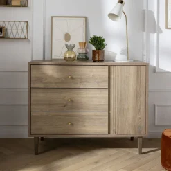 Commode à 3 tiroirs et 1 porte Mokka aspect chêne mokka