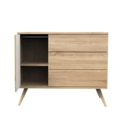 Commode à 3 tiroirs et 1 porte Seventies aspect chêne doré/vanille