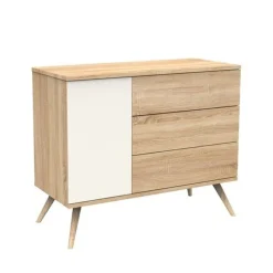 Commode à 3 tiroirs et 1 porte Seventies aspect chêne doré/vanille