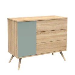 Commode à 3 tiroirs et 1 porte Seventies aspect chêne doré/sauge