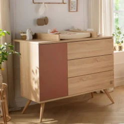 Commode à 3 tiroirs et 1 porte Seventies aspect chêne doré/terracotta