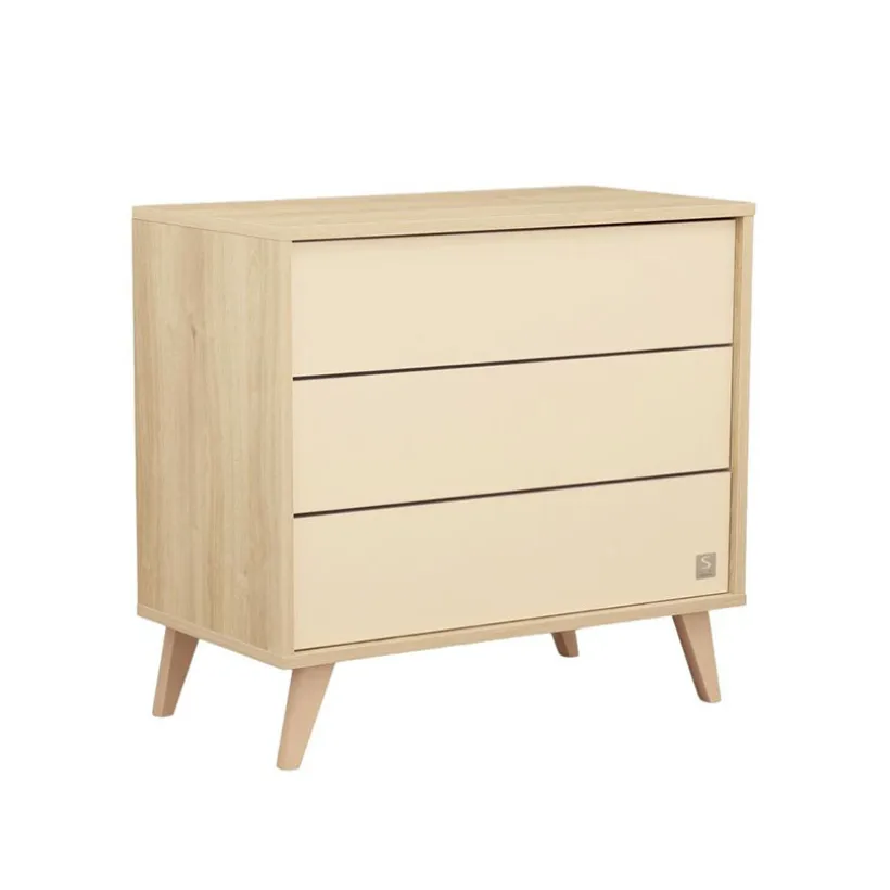 Commode 3 tiroirs Mélinée aspect chêne sépia/crème