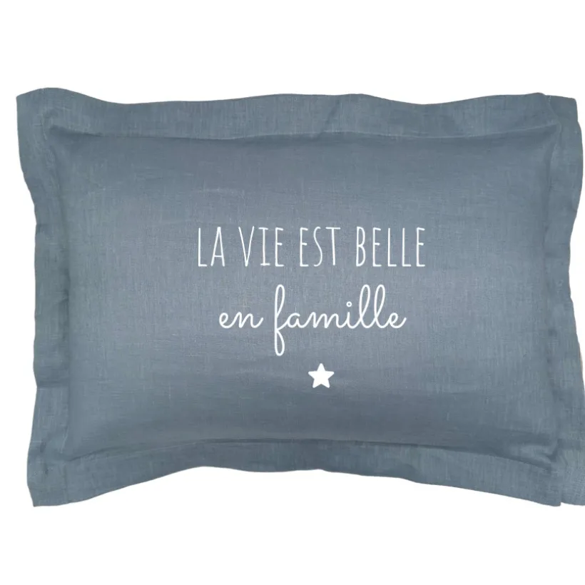 Coussin déco "La vie est belle en famille" - Bleu