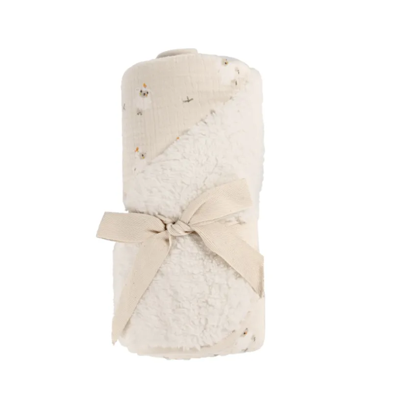 Couverture bi-matière 80 x 80 cm imprimé moutons La Vie à la Ferme beige