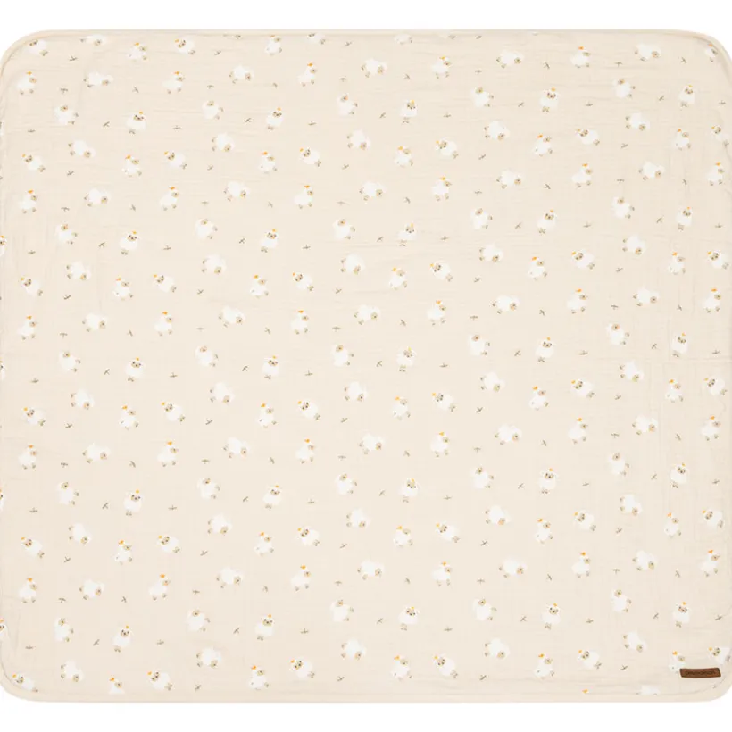 Couverture bi-matière 80 x 80 cm imprimé moutons La Vie à la Ferme beige