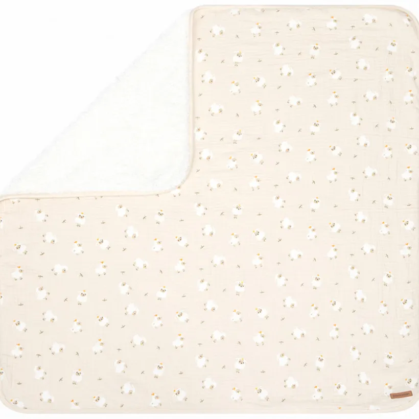 Couverture bi-matière 80 x 80 cm imprimé moutons La Vie à la Ferme beige