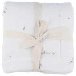 Couverture brodée feuille 75x100 Mousseline & Sherpa Blanc