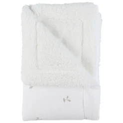 Couverture brodée feuille 75x100 Mousseline & Sherpa Blanc