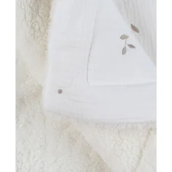 Couverture brodée feuille 75x100 Mousseline & Sherpa Blanc