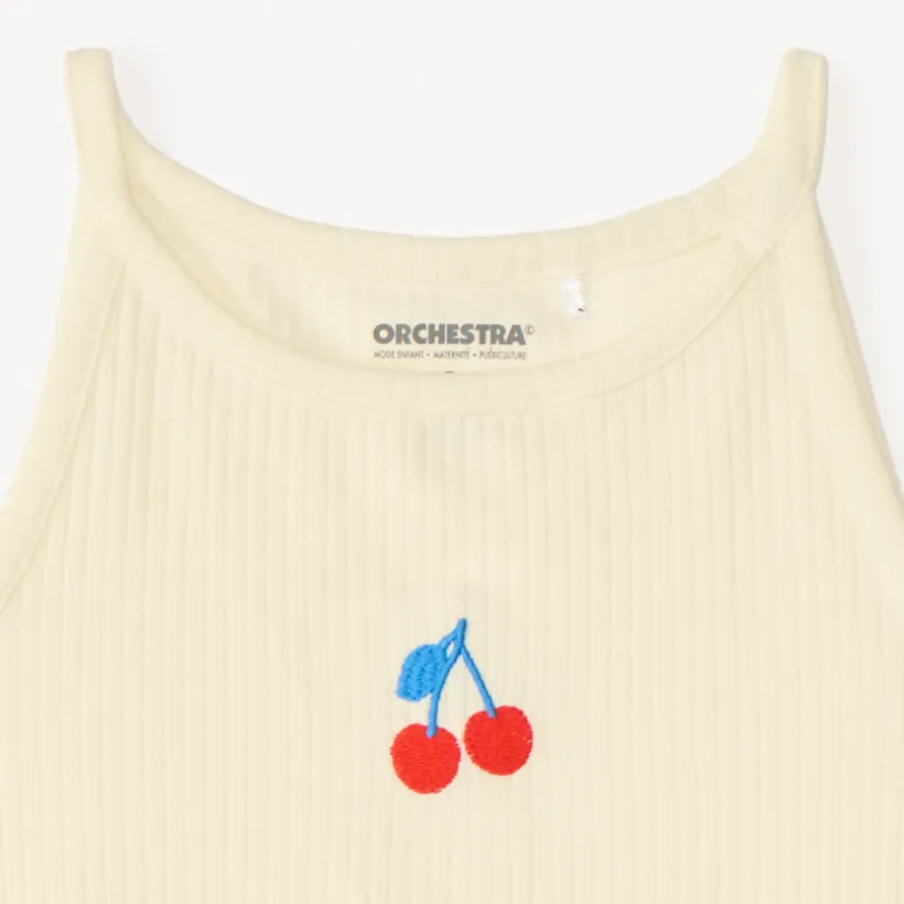 Débardeur court en maille côtelée broderie cerise pour fille