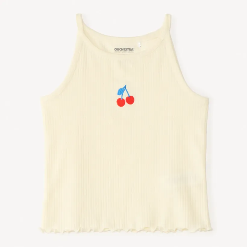 Débardeur court en maille côtelée broderie cerise pour fille