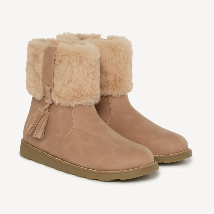 Demies bottes beiges avec pompon et revers fourrure pour bébé fille