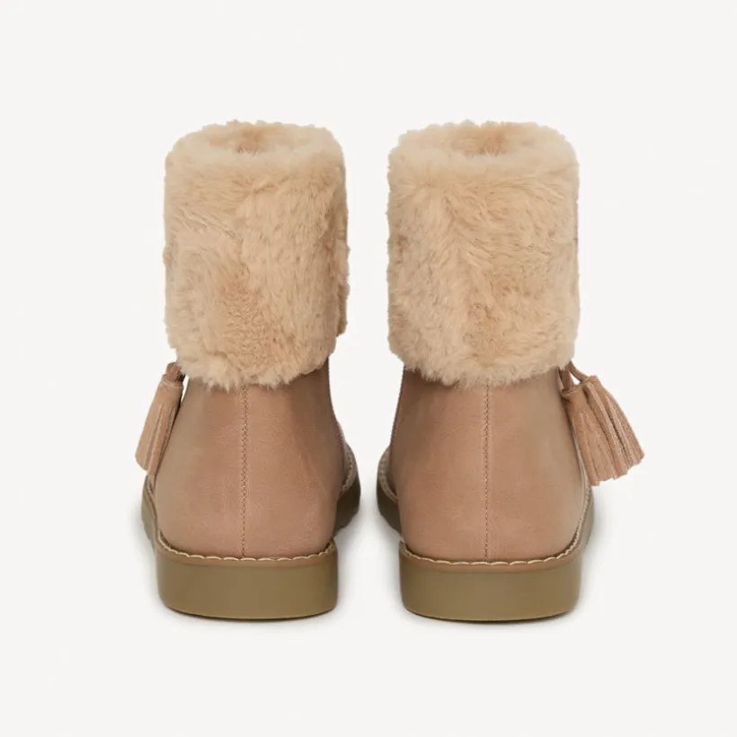 Demies bottes beiges avec pompon et revers fourrure pour bébé fille